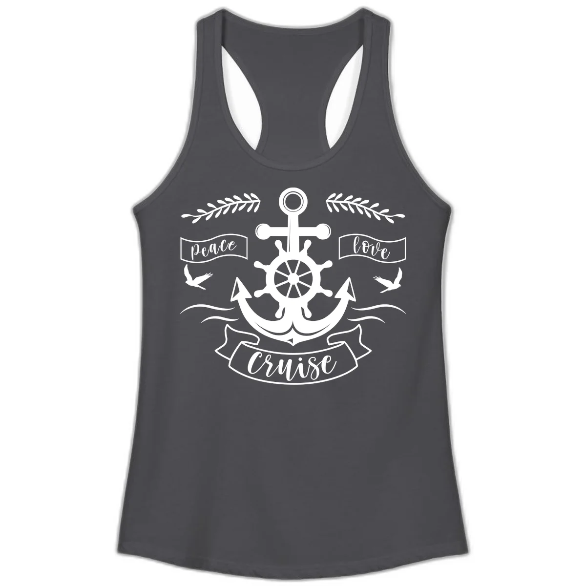 Peace Love Cruise Anchor Ladies Tank in Solid Dark Gray