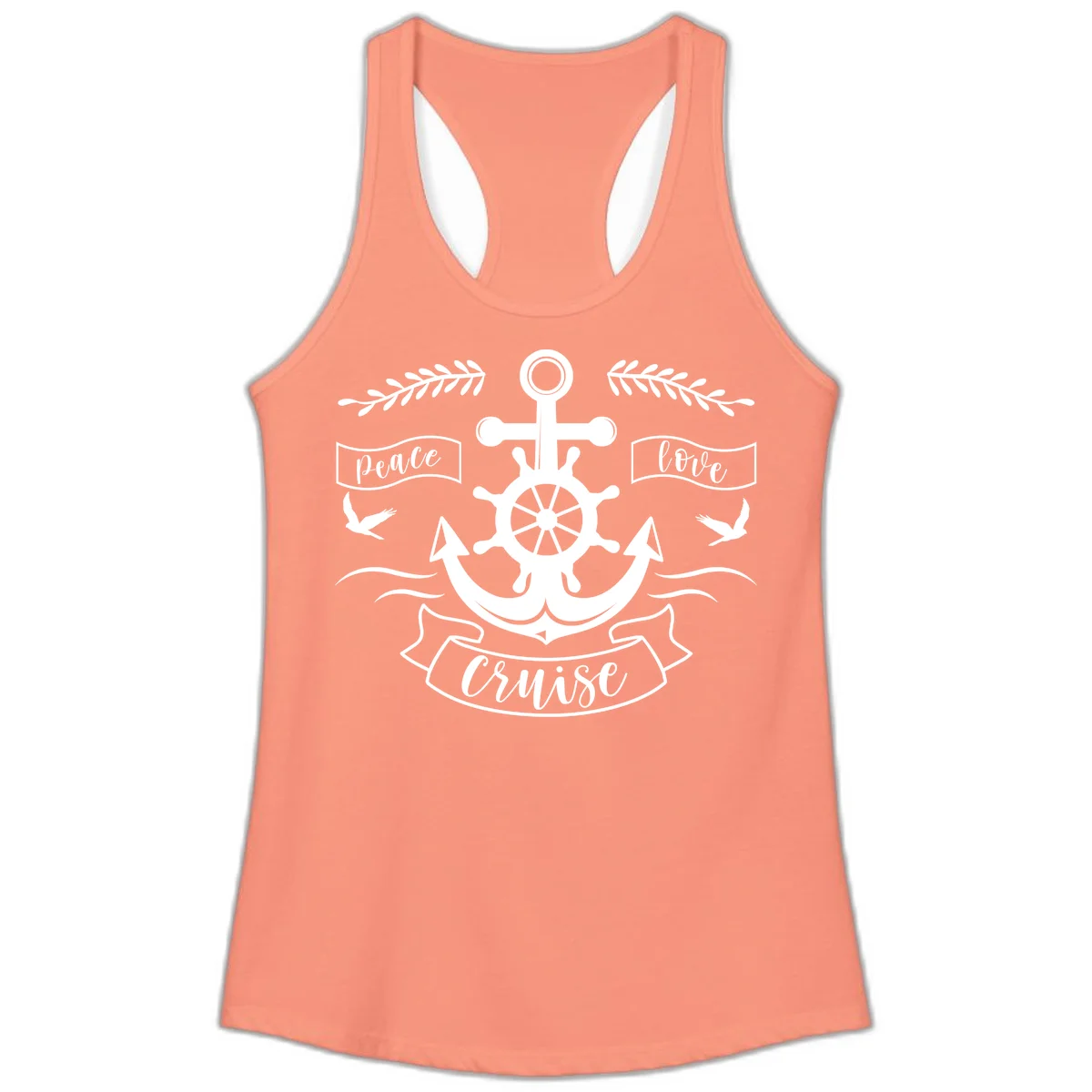 Peace Love Cruise Anchor Ladies Tank in Solid Light Orange