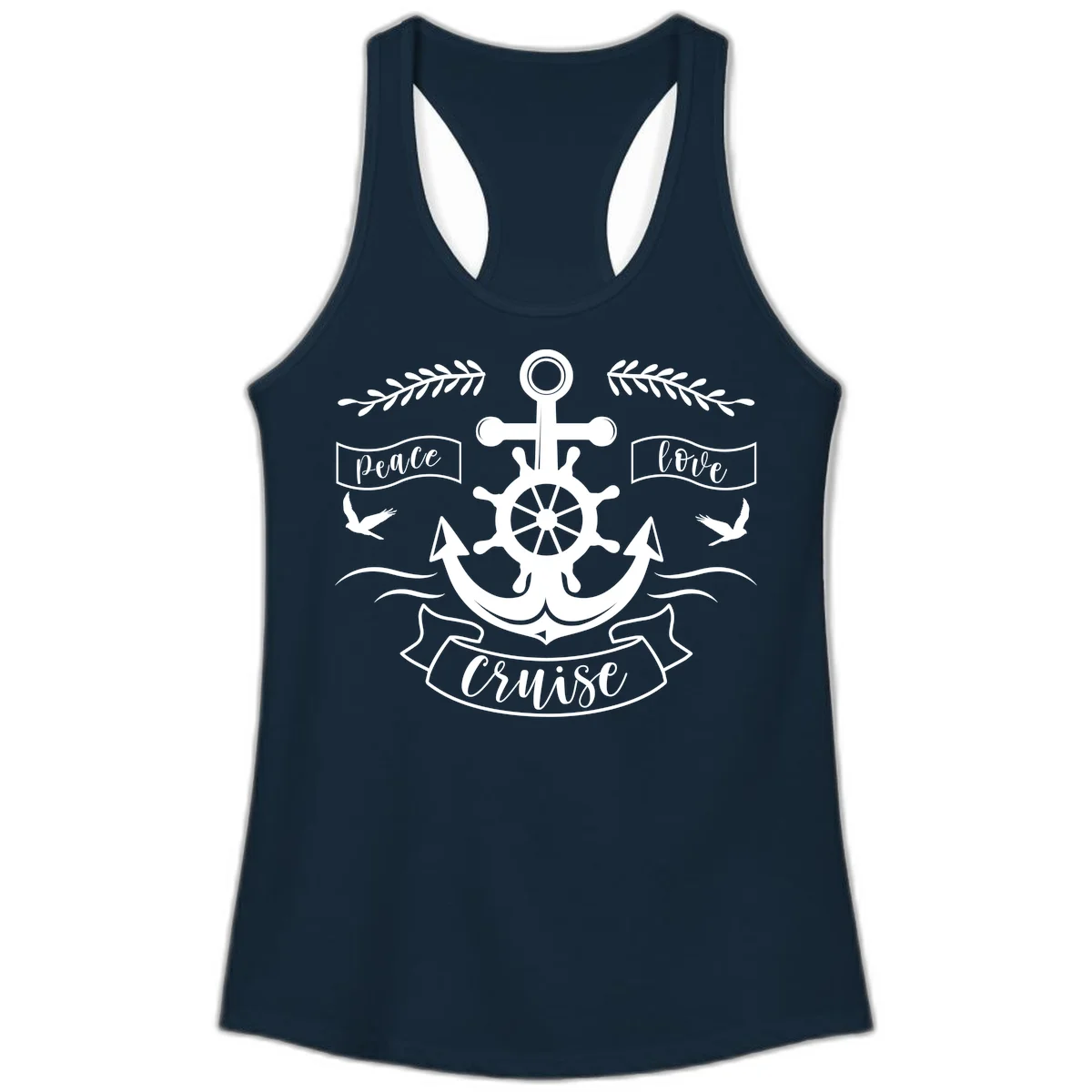 Peace Love Cruise Anchor Ladies Tank in Solid Midnight Navy
