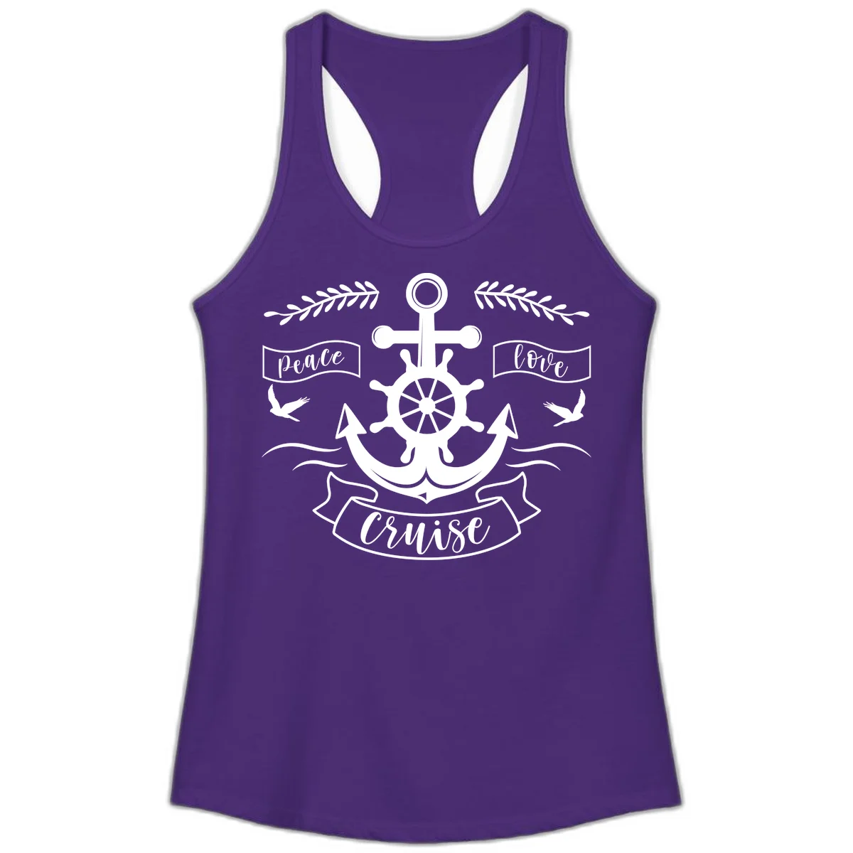 Peace Love Cruise Anchor Ladies Tank in Solid Purple Rush