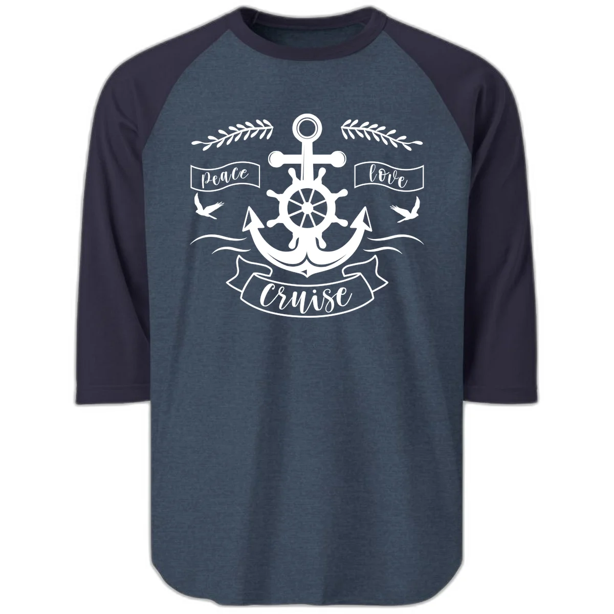 Peace Love Cruise Anchor Raglan 3/4 Sleeve in Heather Denim Navy