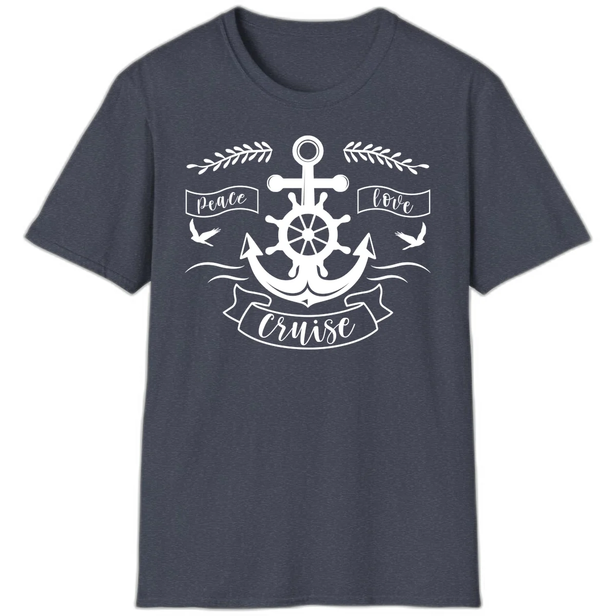 Peace Love Cruise Anchor Nautical T-Shirt for Vacation in Heather Navy