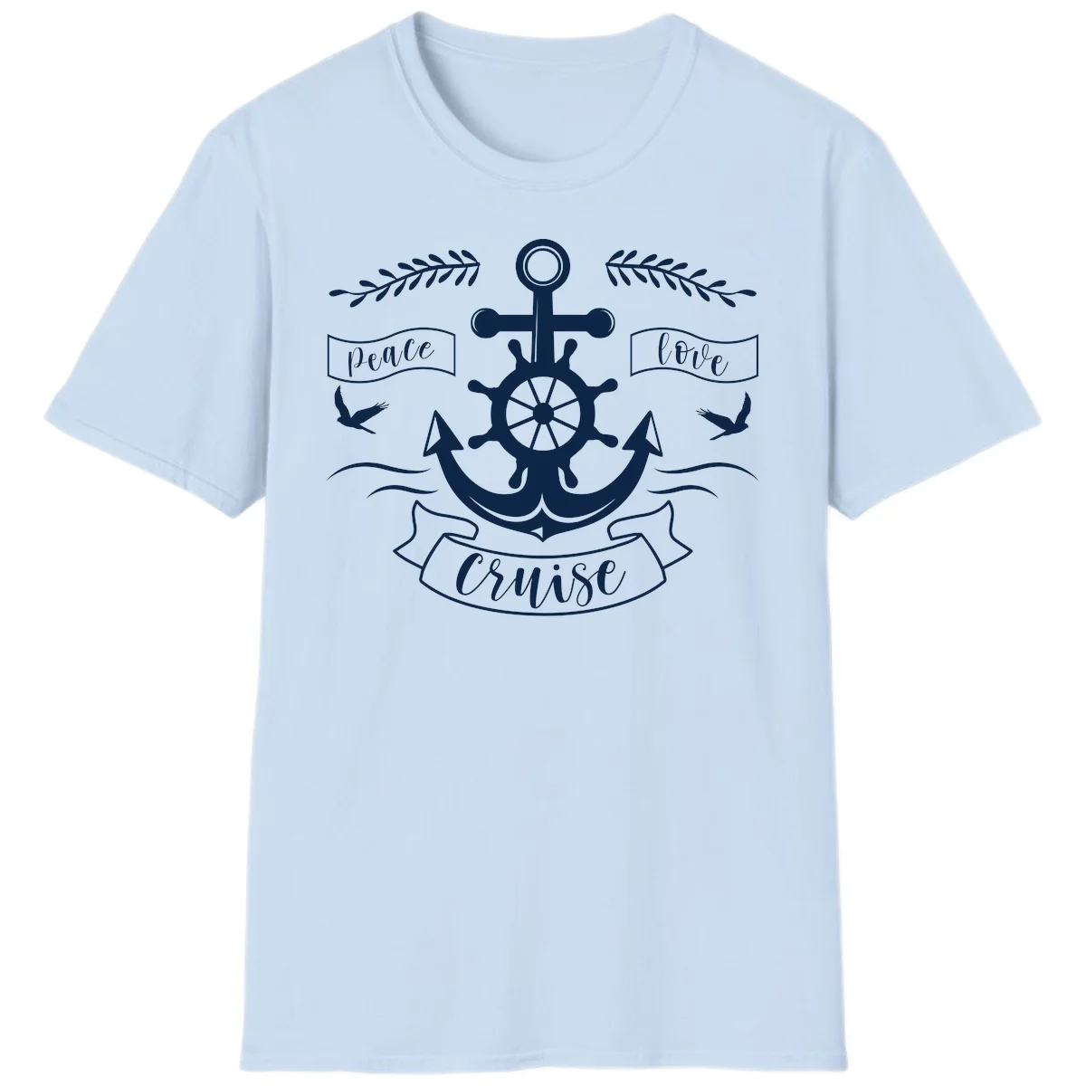 Peace Love Cruise Anchor Nautical T-Shirt for Vacation in Light Blue