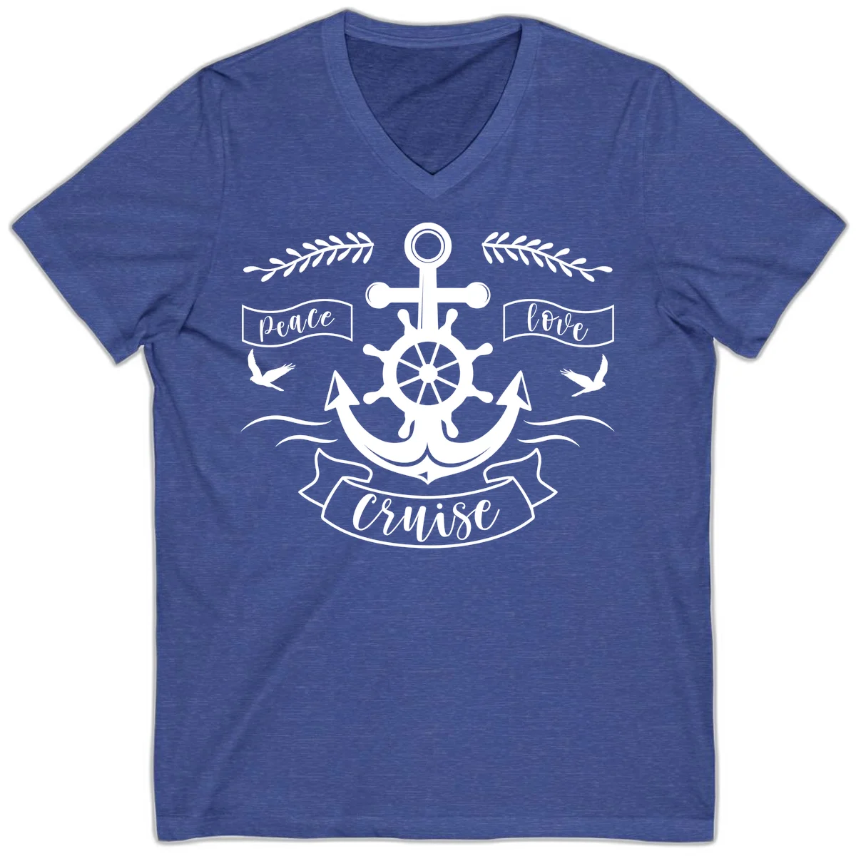 Peace Love Cruise Anchor V-Neck Shirt in Heather True Royal