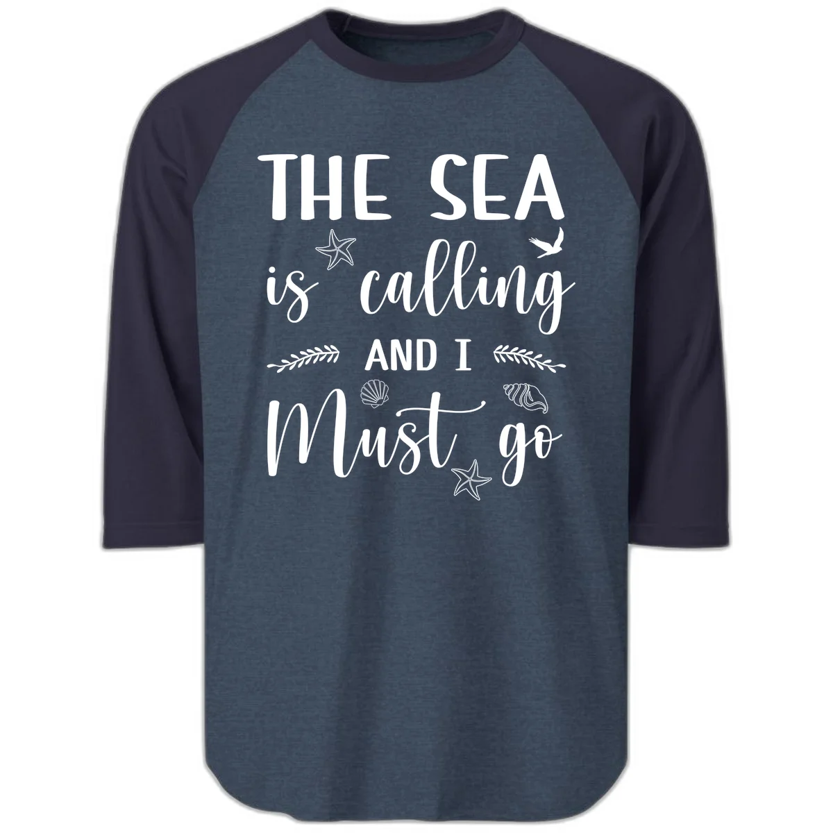 The Sea Is Calling Raglan 3/4 in Heather Denim Navy