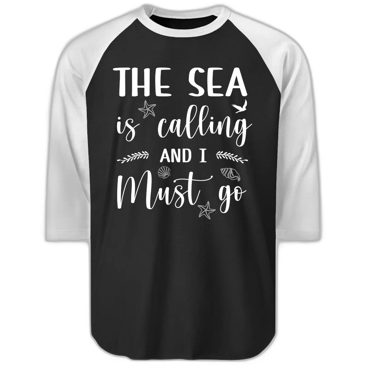 The Sea Is Calling Raglan 3/4 in Black White