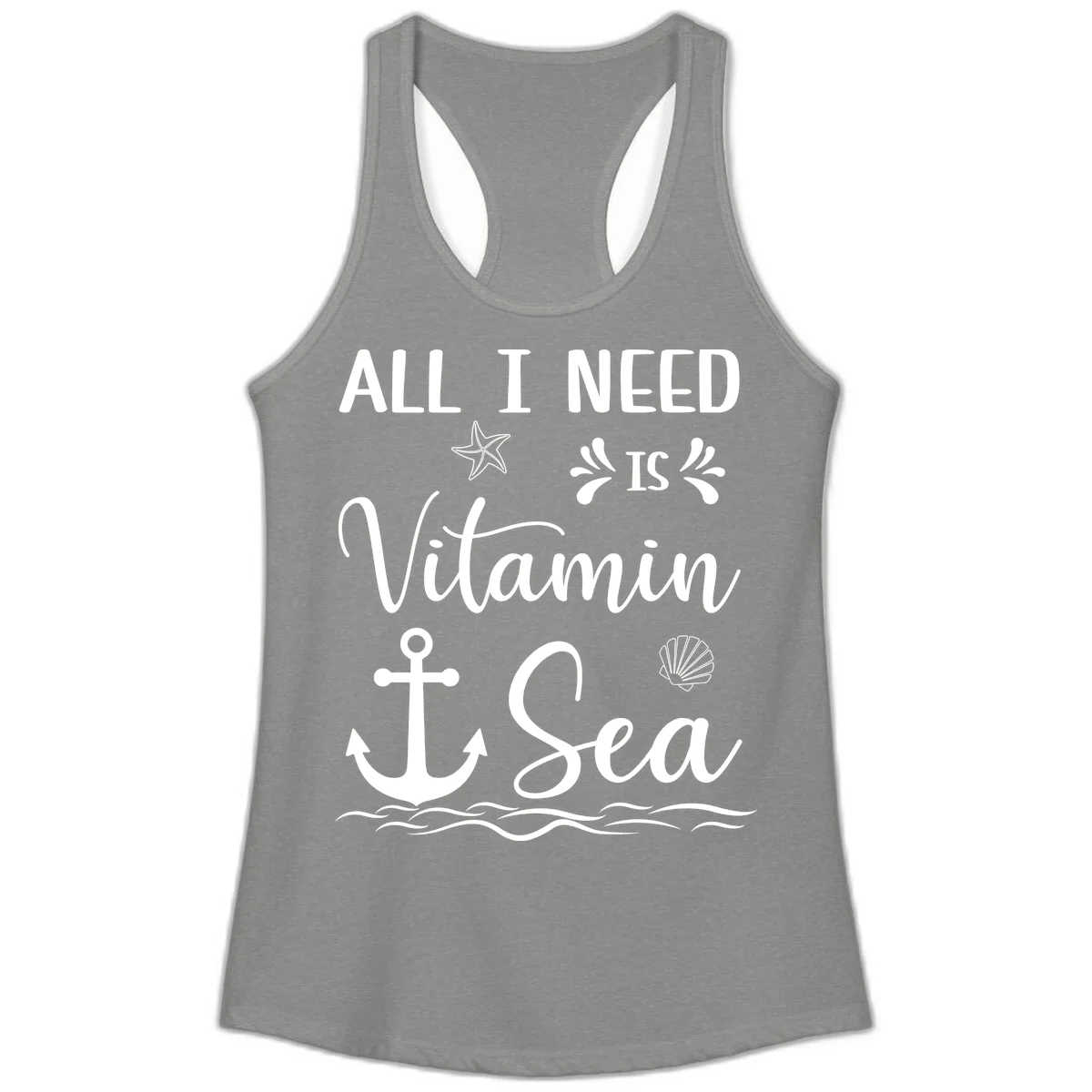 All I Need Is Vitamin Sea Ladies Racerback Tank in Heather Grey