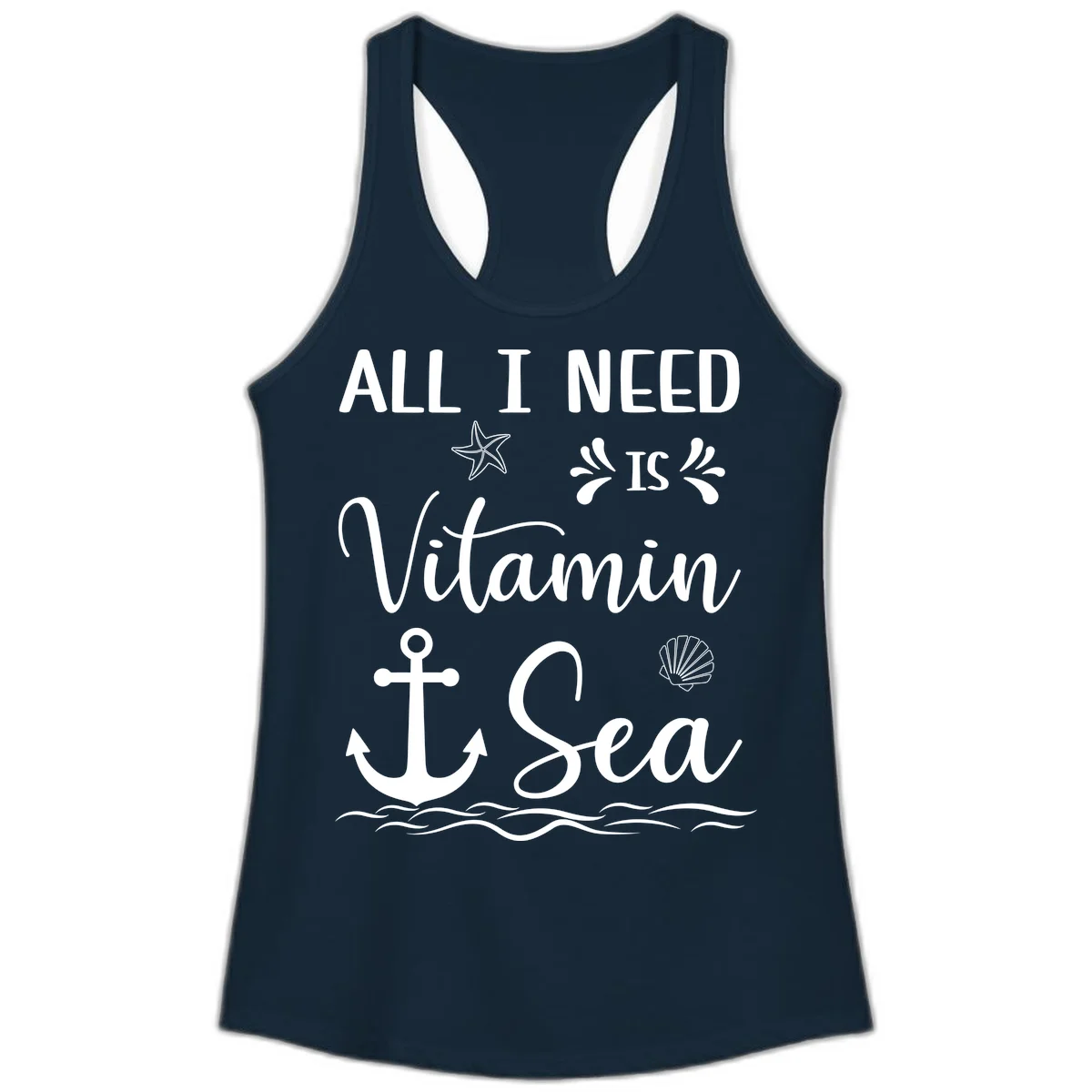 All I Need Is Vitamin Sea Ladies Racerback Tank in Solid Midnight Navy