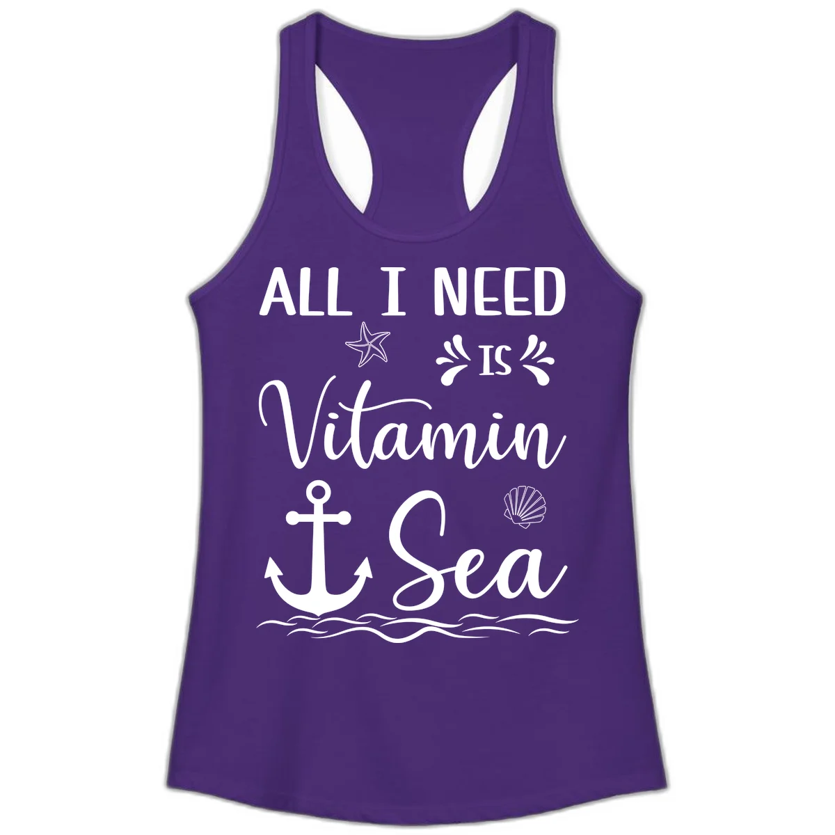 All I Need Is Vitamin Sea Ladies Racerback Tank in Solid Purple Rush