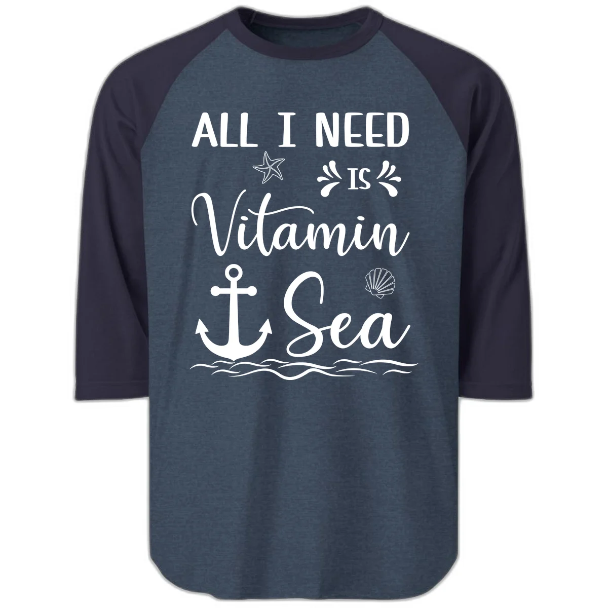 All I Need Is Vitamin Sea Raglan 3/4 Sleeve Shirt in Heather Denim Navy
