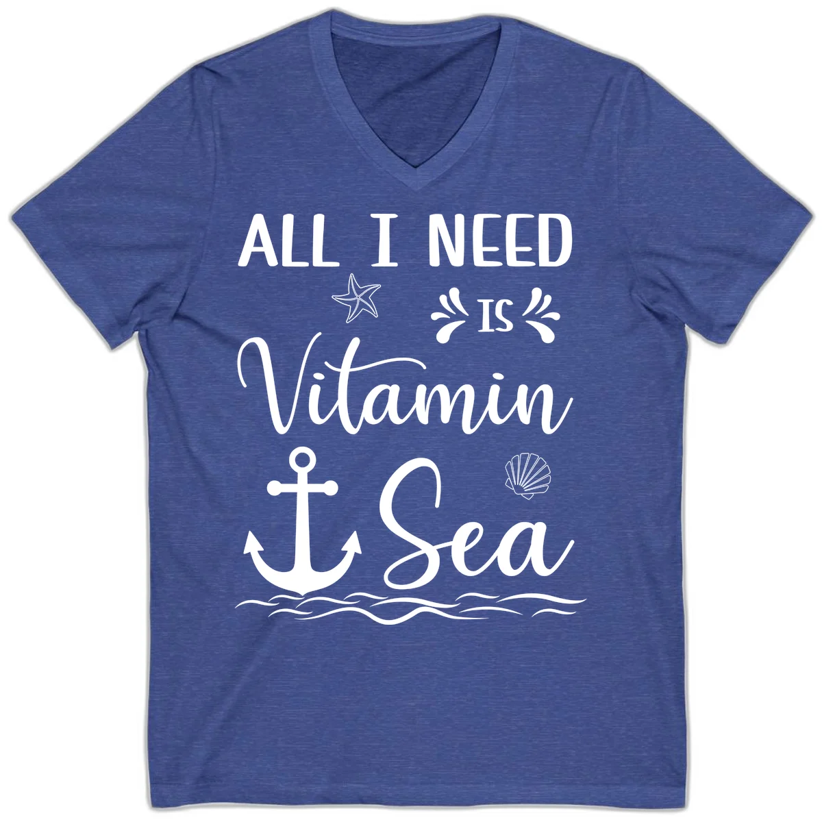 All I Need Is Vitamin Sea V-Neck Cruise Tee in Heather True Royal