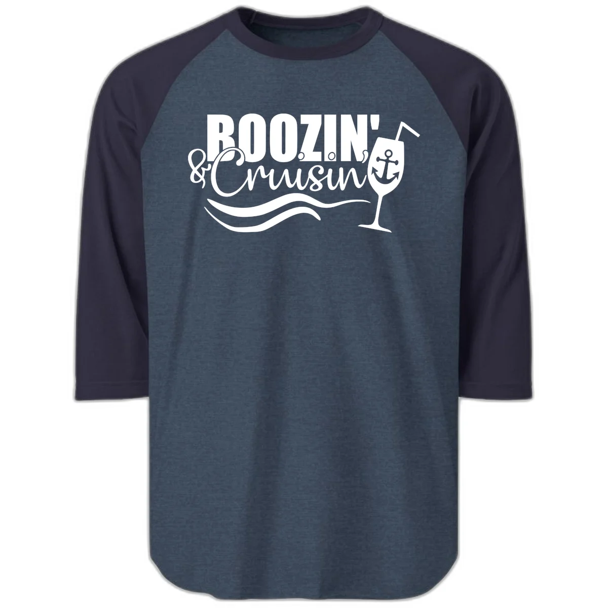 Boozin' & Cruising Nautical Raglan 3/4 Sleeve Tee in Heather Denim Navy