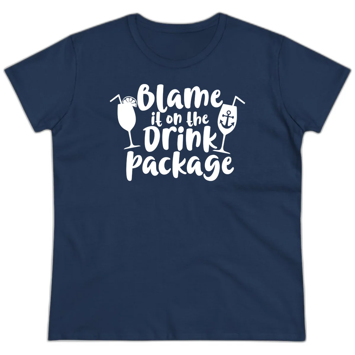 Blame It On The Drink Package Ladies Tee in Navy