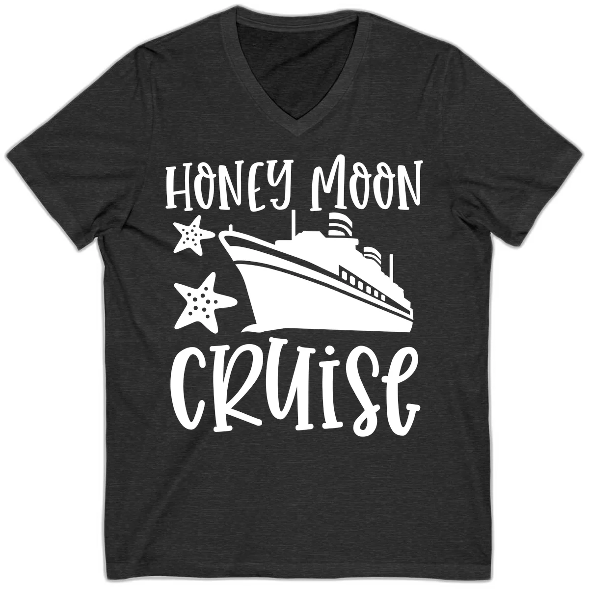 Honey Moon Cruise V-Neck Tee in Dark Grey Heather