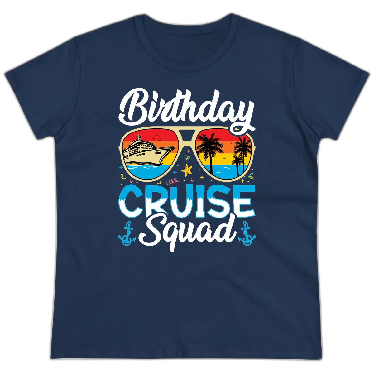 Birthday Cruise Squad Sunglasses Ladies Tee in Navy