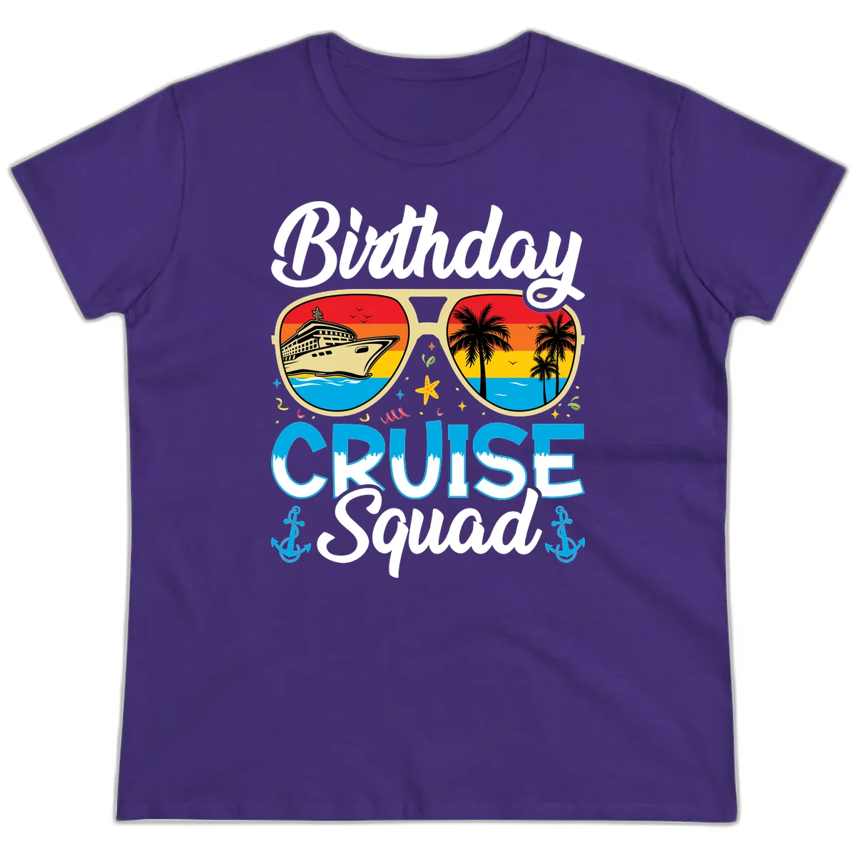 Birthday Cruise Squad Sunglasses Ladies Tee in Purple