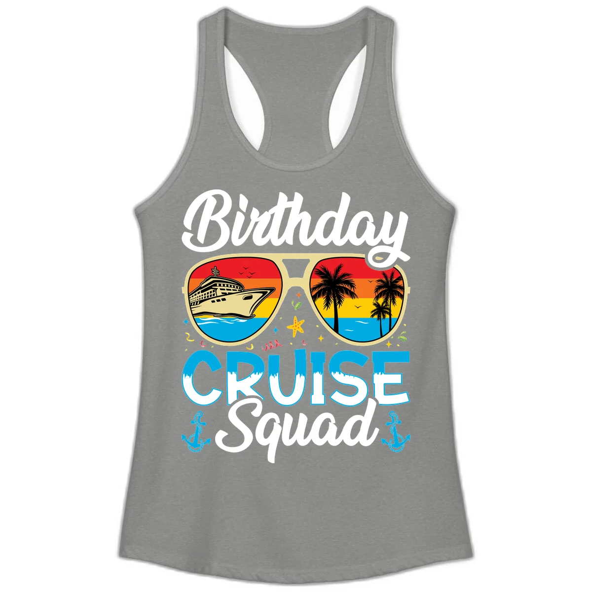Birthday Cruise Squad Sunglasses Ladies Tank in Heather Grey