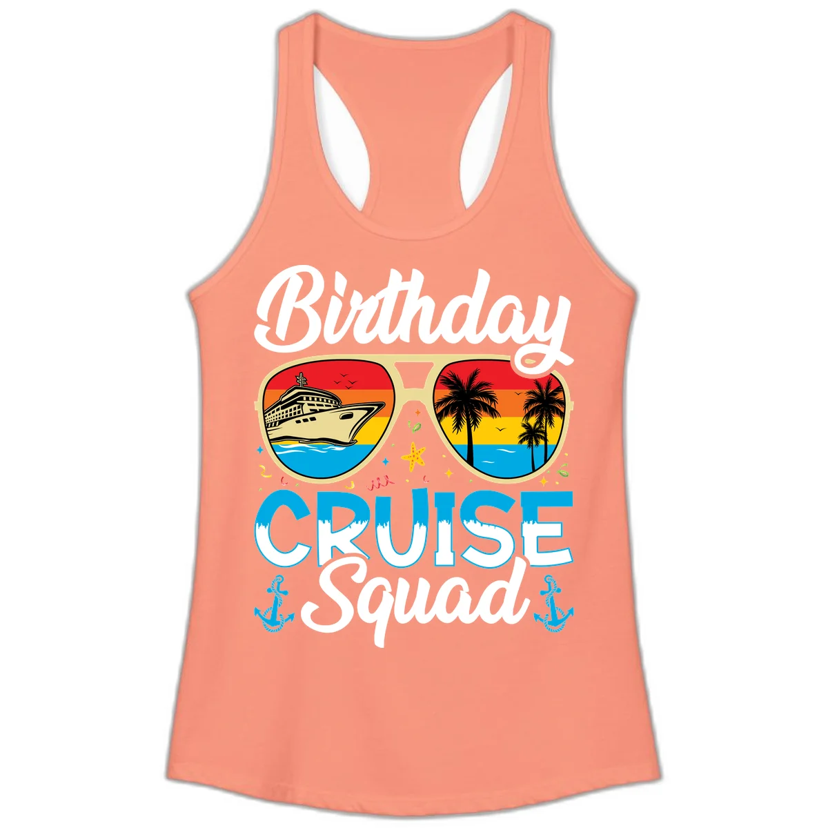 Birthday Cruise Squad Sunglasses Ladies Tank in Solid Light Orange