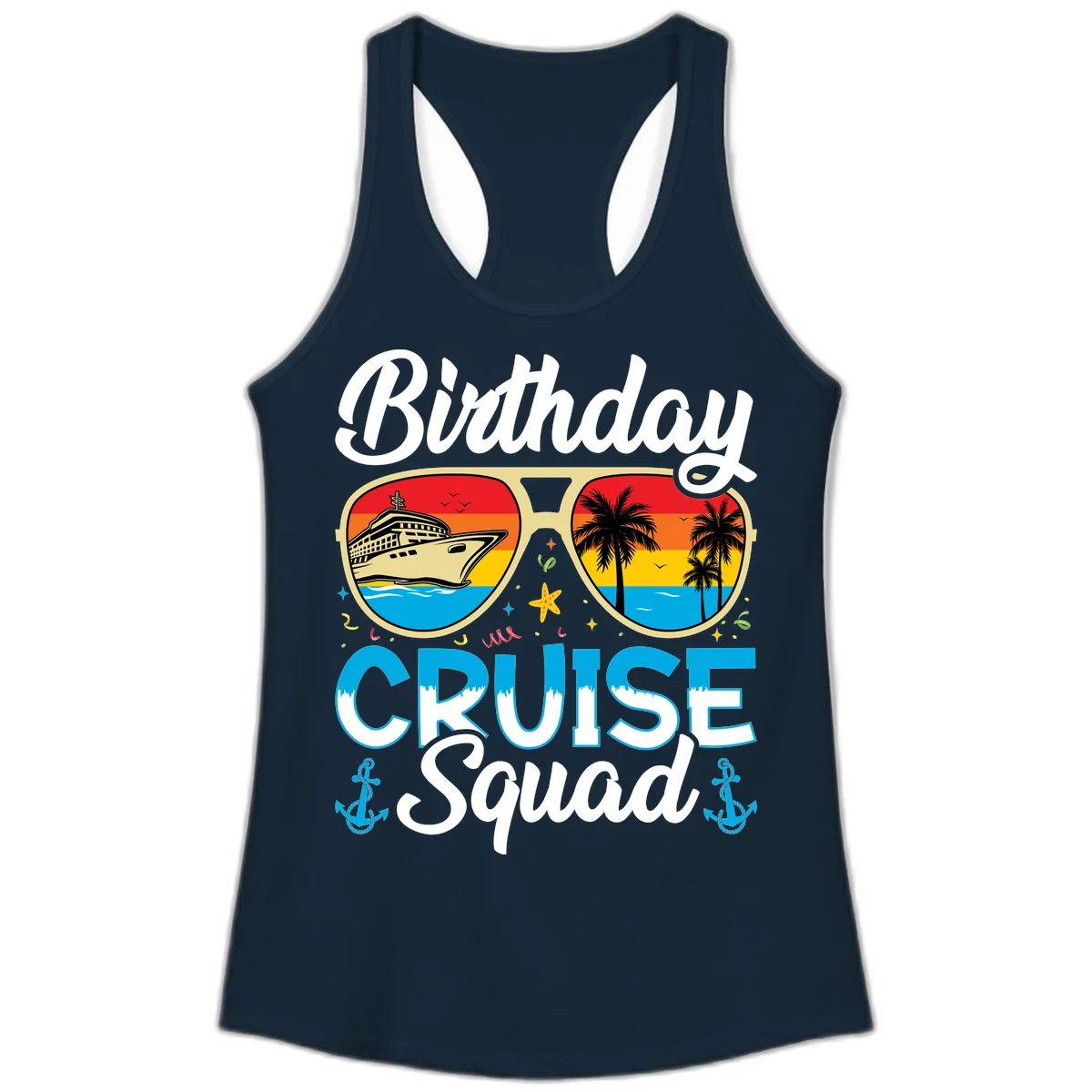 Birthday Cruise Squad Sunglasses Ladies Tank in Solid Midnight Navy