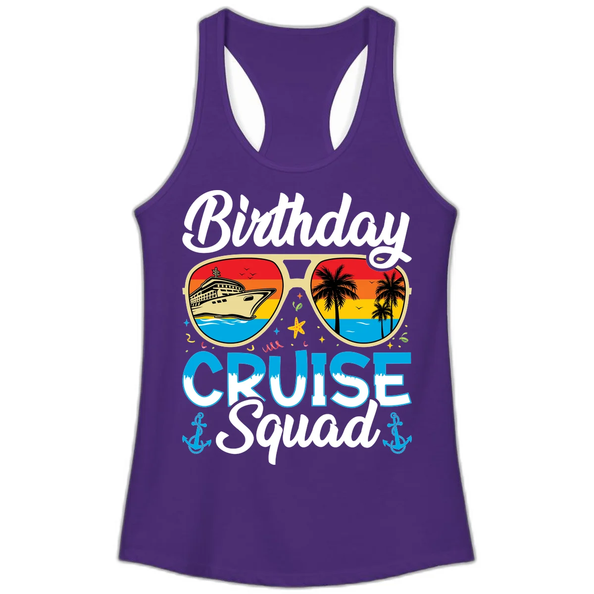 Birthday Cruise Squad Sunglasses Ladies Tank in Solid Purple Rush