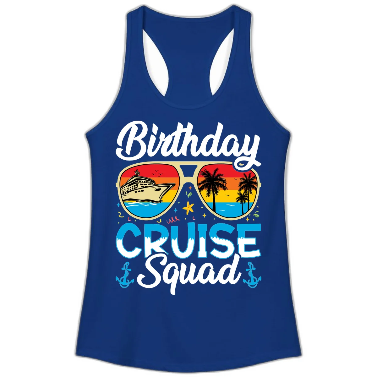 Birthday Cruise Squad Sunglasses Ladies Tank in Solid Royal