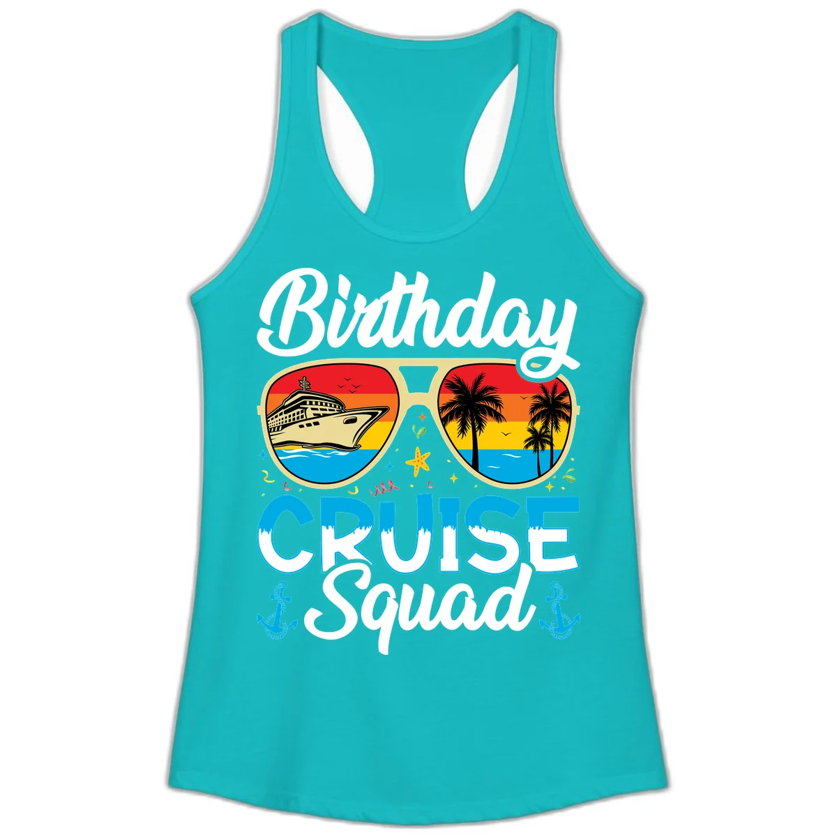 Birthday Cruise Squad Sunglasses Ladies Tank in Tahiti Blue