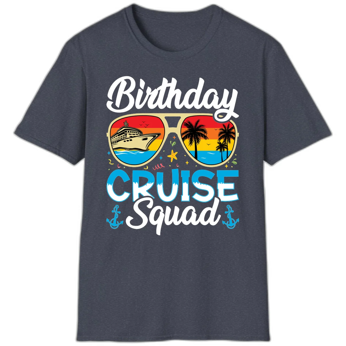 Birthday Cruise Squad Sunglasses T-Shirt in Heather Navy