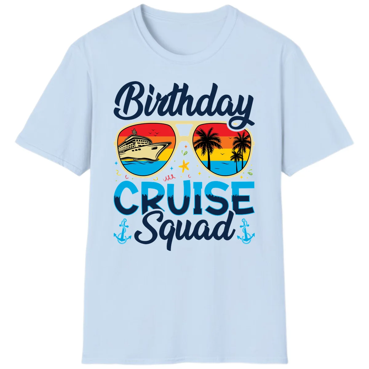 Birthday Cruise Squad Sunglasses T-Shirt in Light Blue