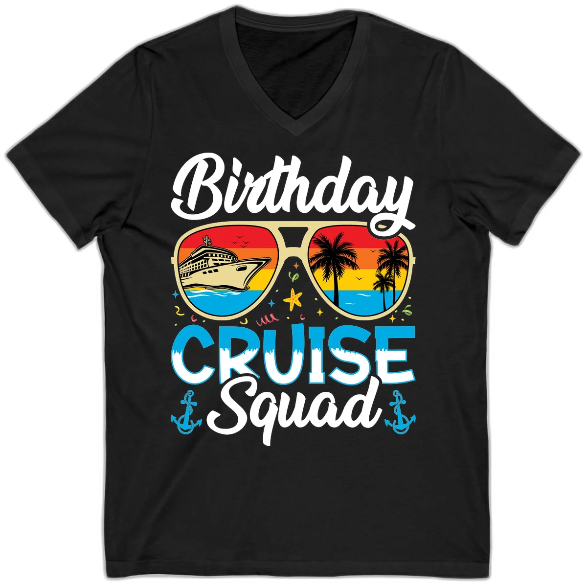 Birthday Cruise Squad Sunglasses V-Neck in Black