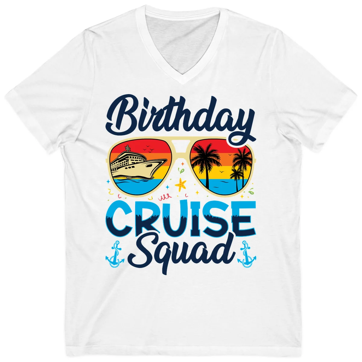 Birthday Cruise Squad Sunglasses V-Neck in White
