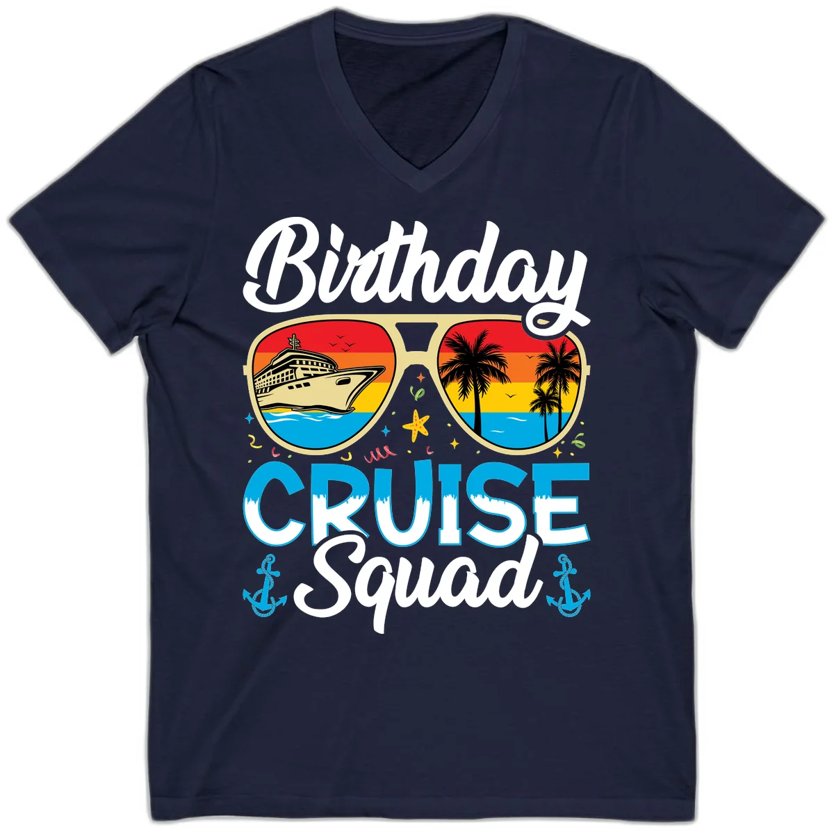 Birthday Cruise Squad Sunglasses V-Neck in Navy