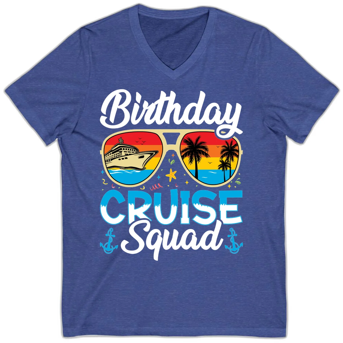 Birthday Cruise Squad Sunglasses V-Neck in Heather True Royal