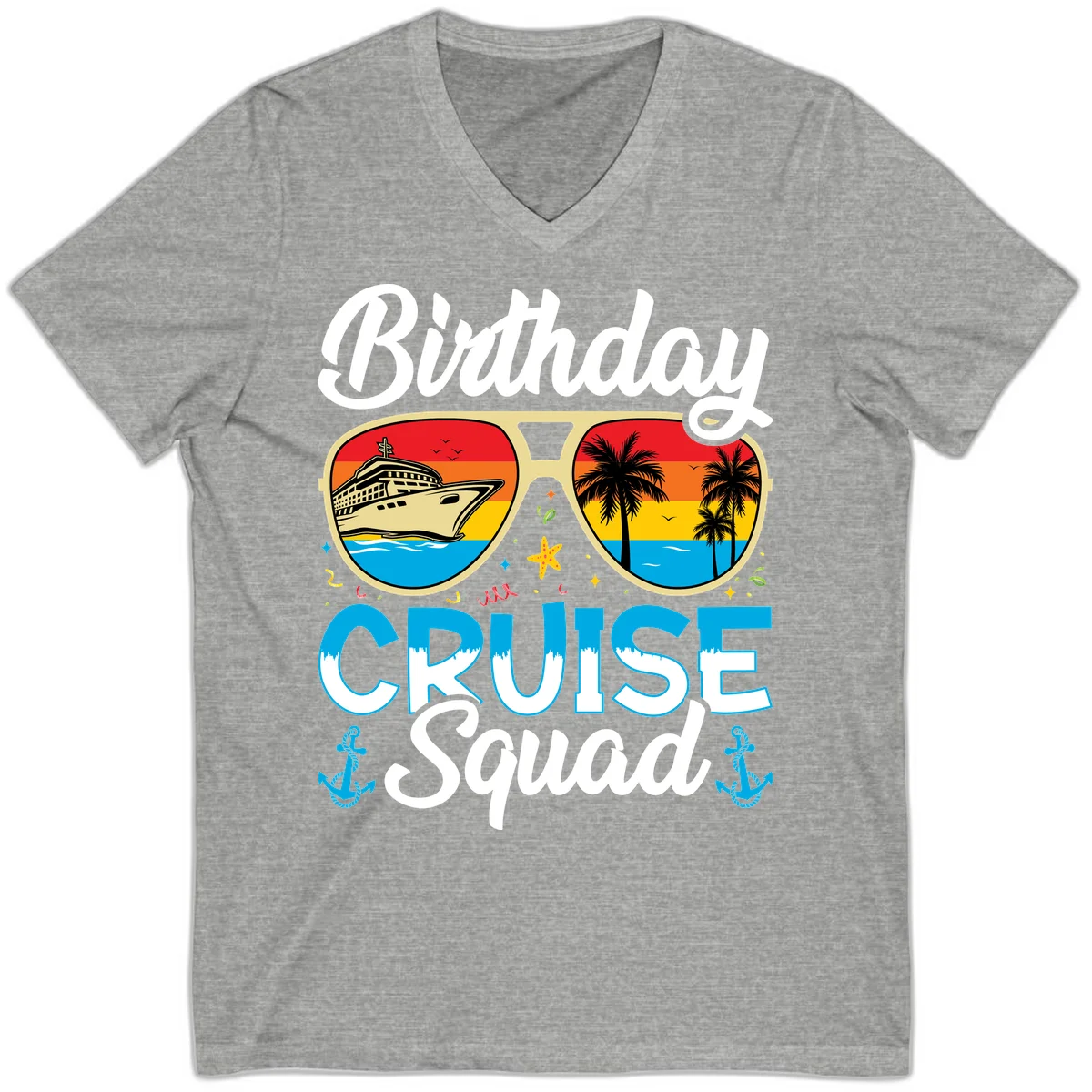 Birthday Cruise Squad Sunglasses V-Neck in Athletic Heather