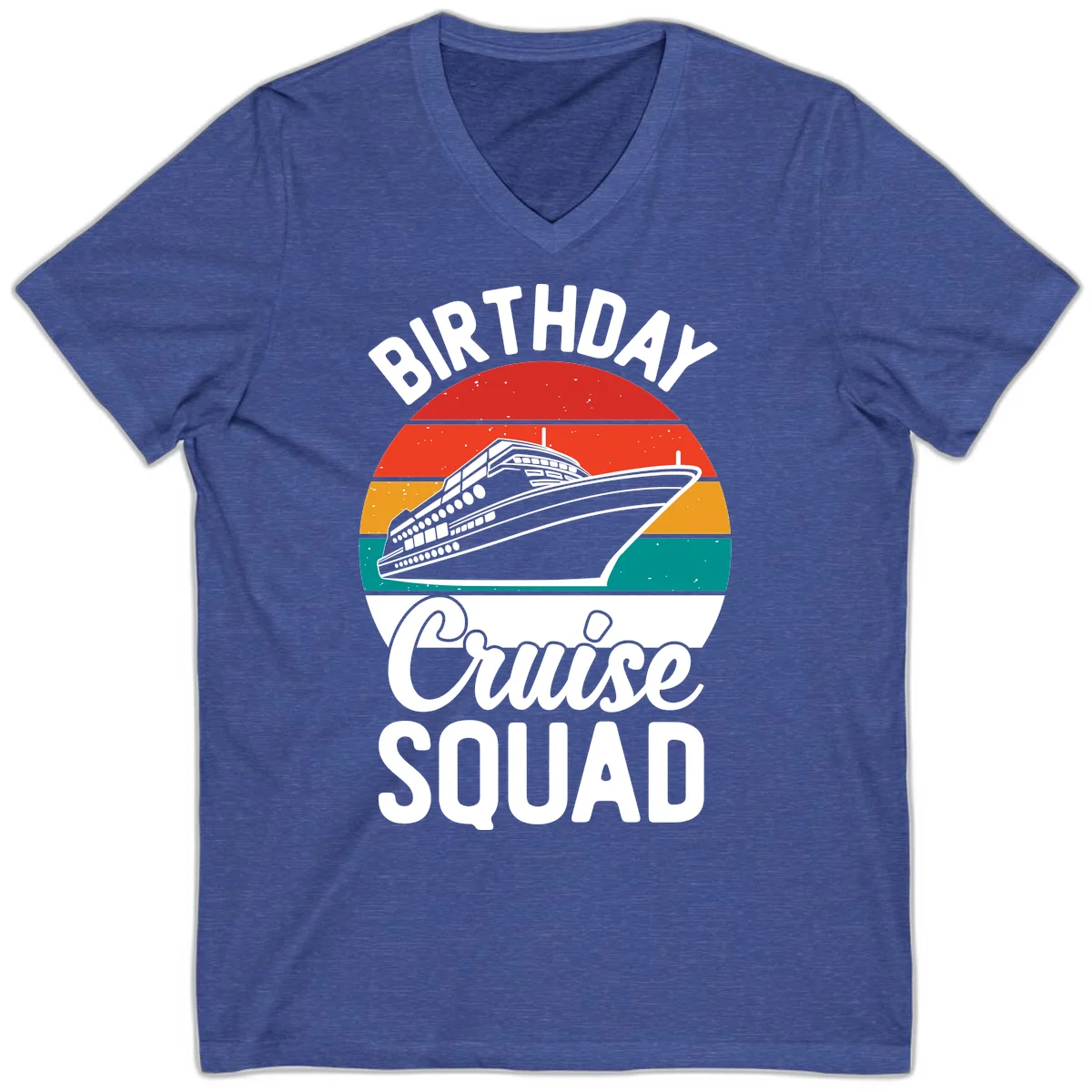 Birthday Cruise Squad V-Neck Tee in Heather True Royal