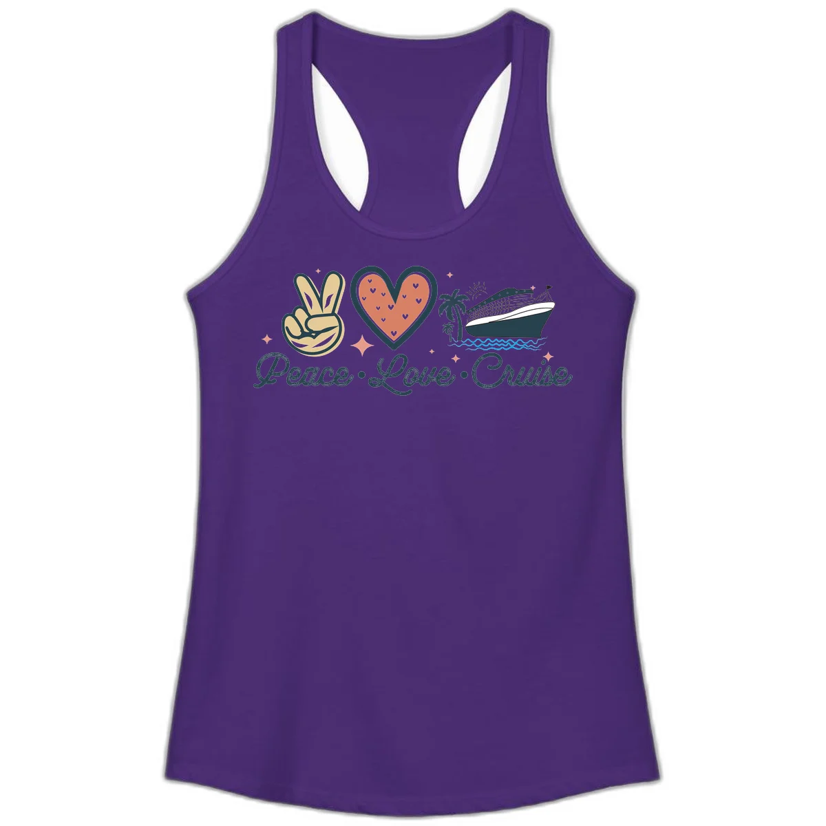 Peace Love Cruise Ladies Tank in Solid Purple Rush