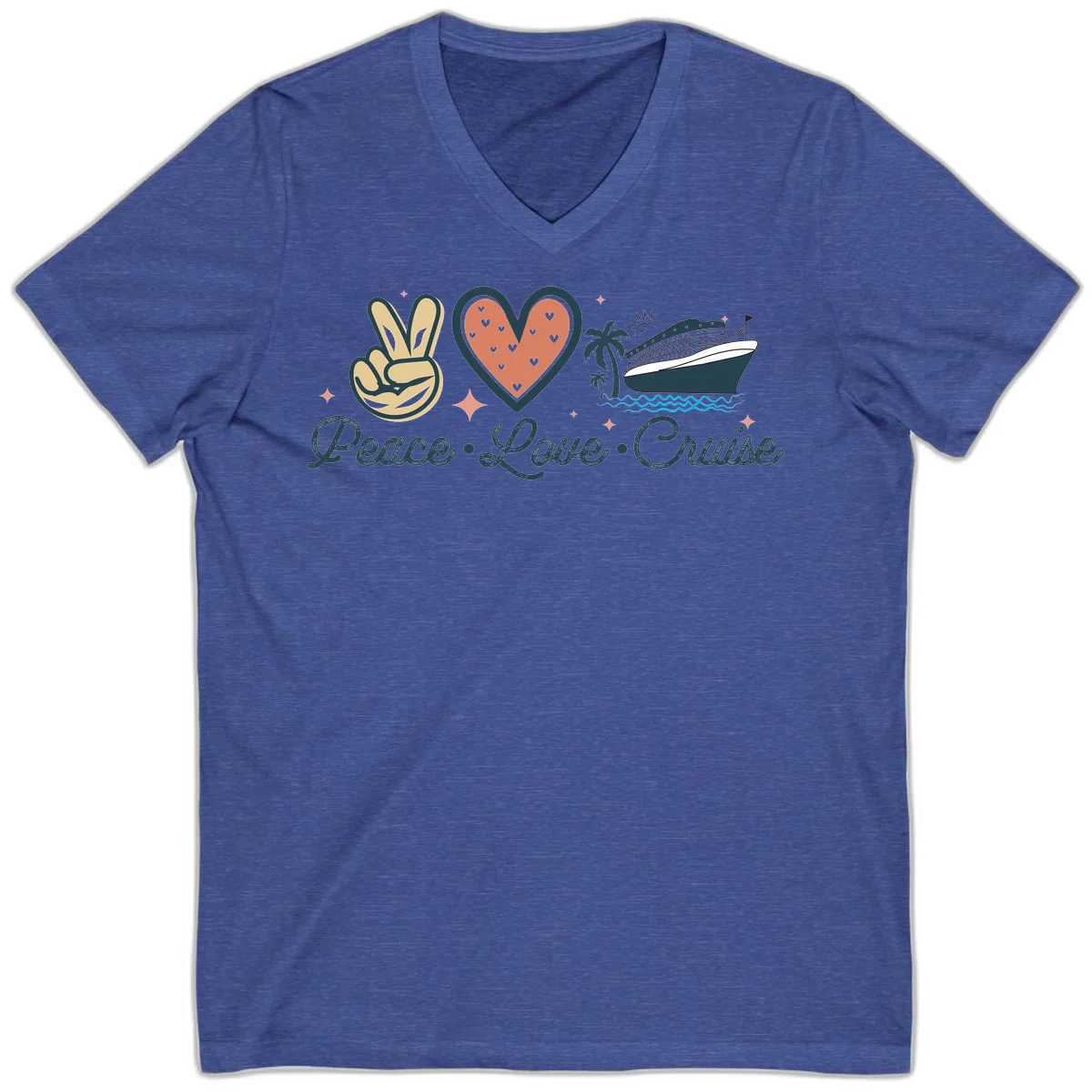 Peace Love Cruise V-Neck in Heather True Royal