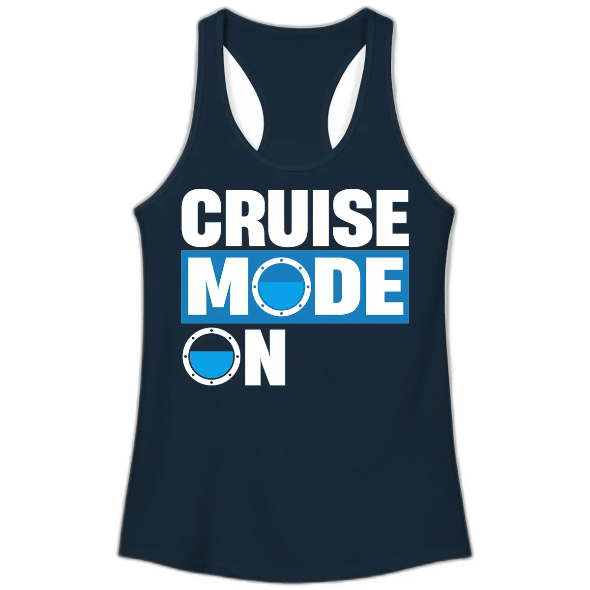 Cruise Mode On Ladies Racerback Tank in Solid Midnight Navy