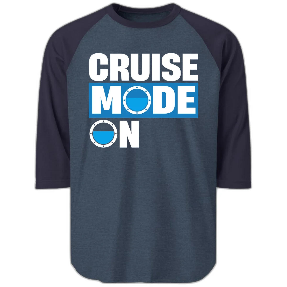 Cruise Mode On Raglan 3/4 Sleeve Tee in Heather Denim Navy