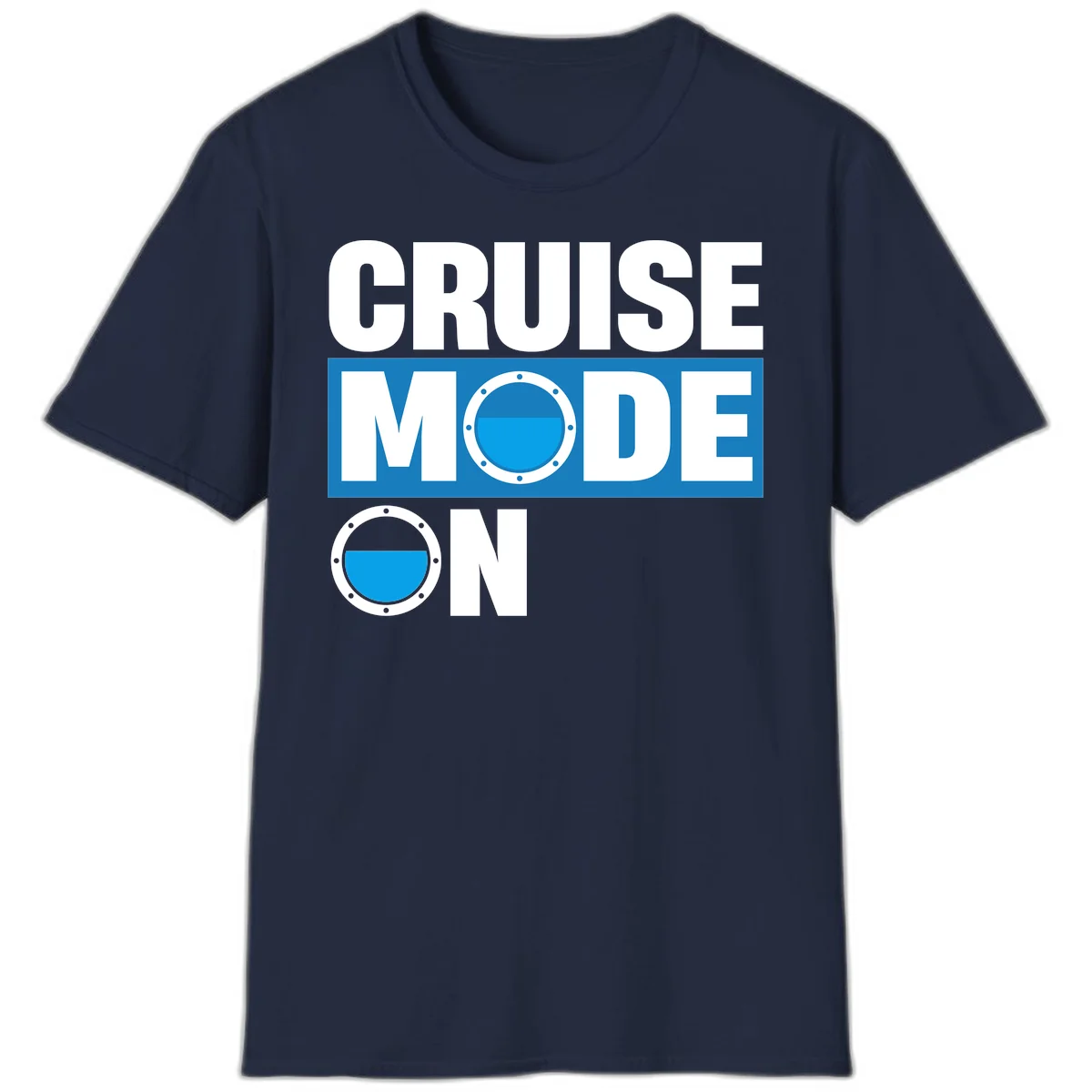 Cruise Mode On Nautical Porthole Vacation T-Shirt in Navy