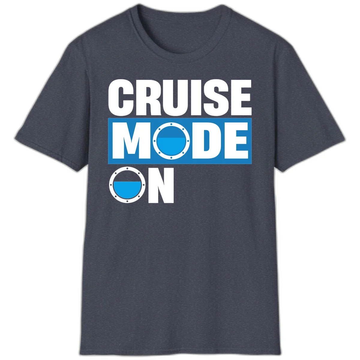 Cruise Mode On Nautical Porthole Vacation T-Shirt in Heather Navy