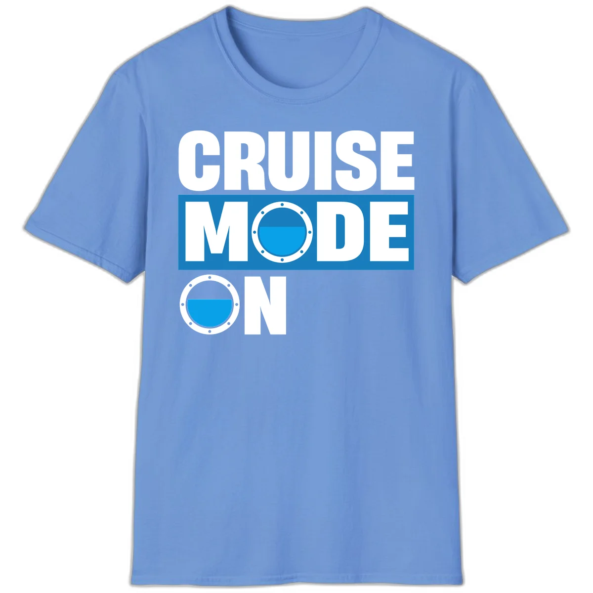 Cruise Mode On Nautical Porthole Vacation T-Shirt in Carolina Blue