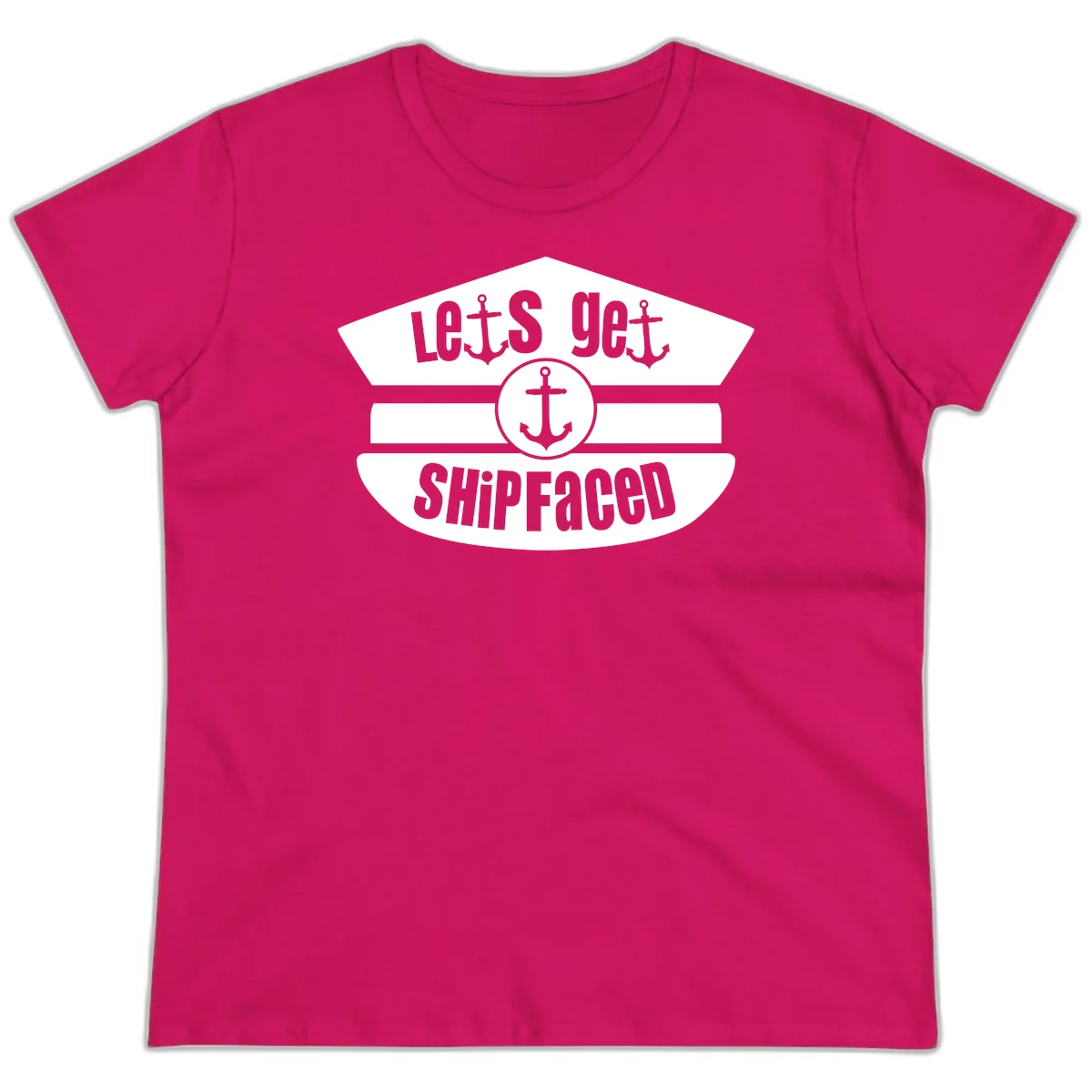 Let's Get Shipfaced Funny Nautical Ladies Tee in Heliconia