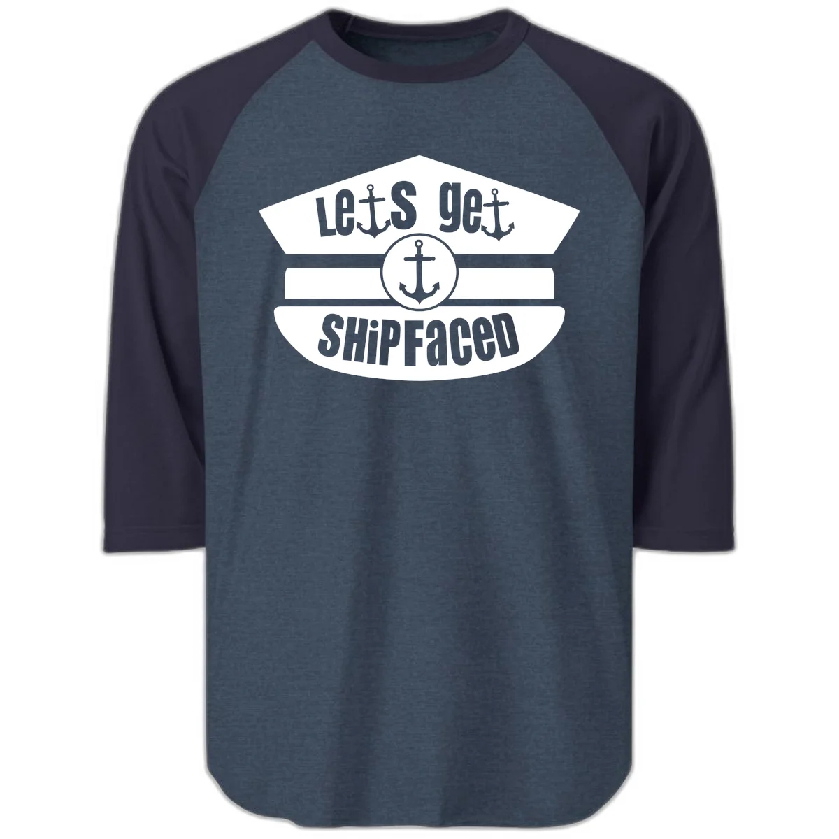 Let's Get Shipfaced Raglan 3/4 Sleeve Tee in Heather Denim Navy
