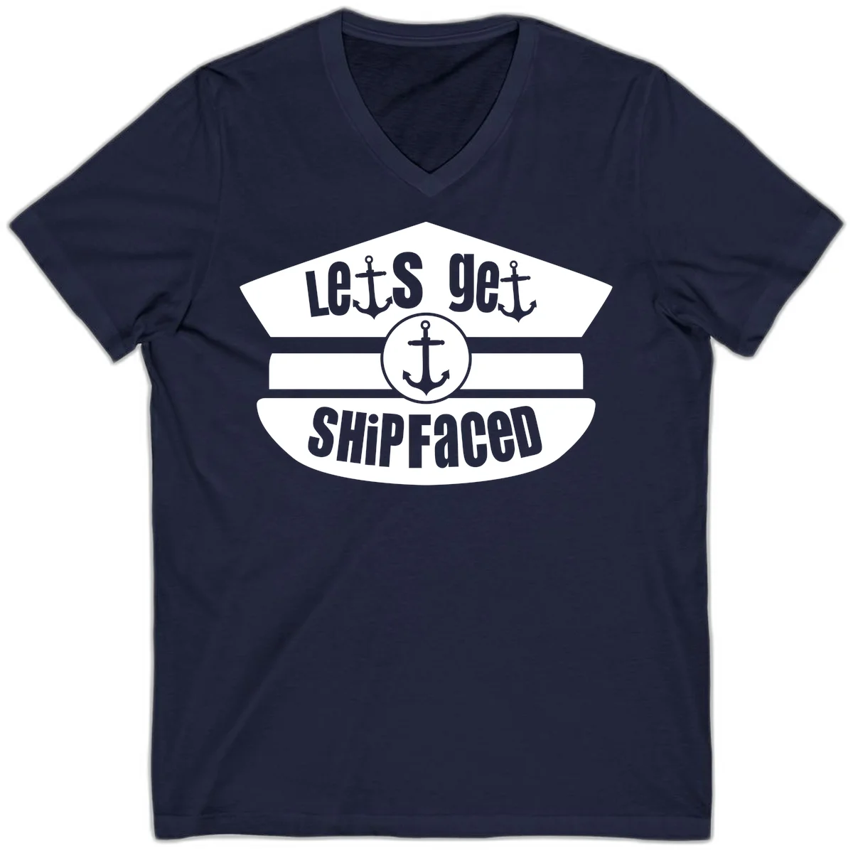 Let's Get Shipfaced Funny Nautical V-Neck Tee in Navy