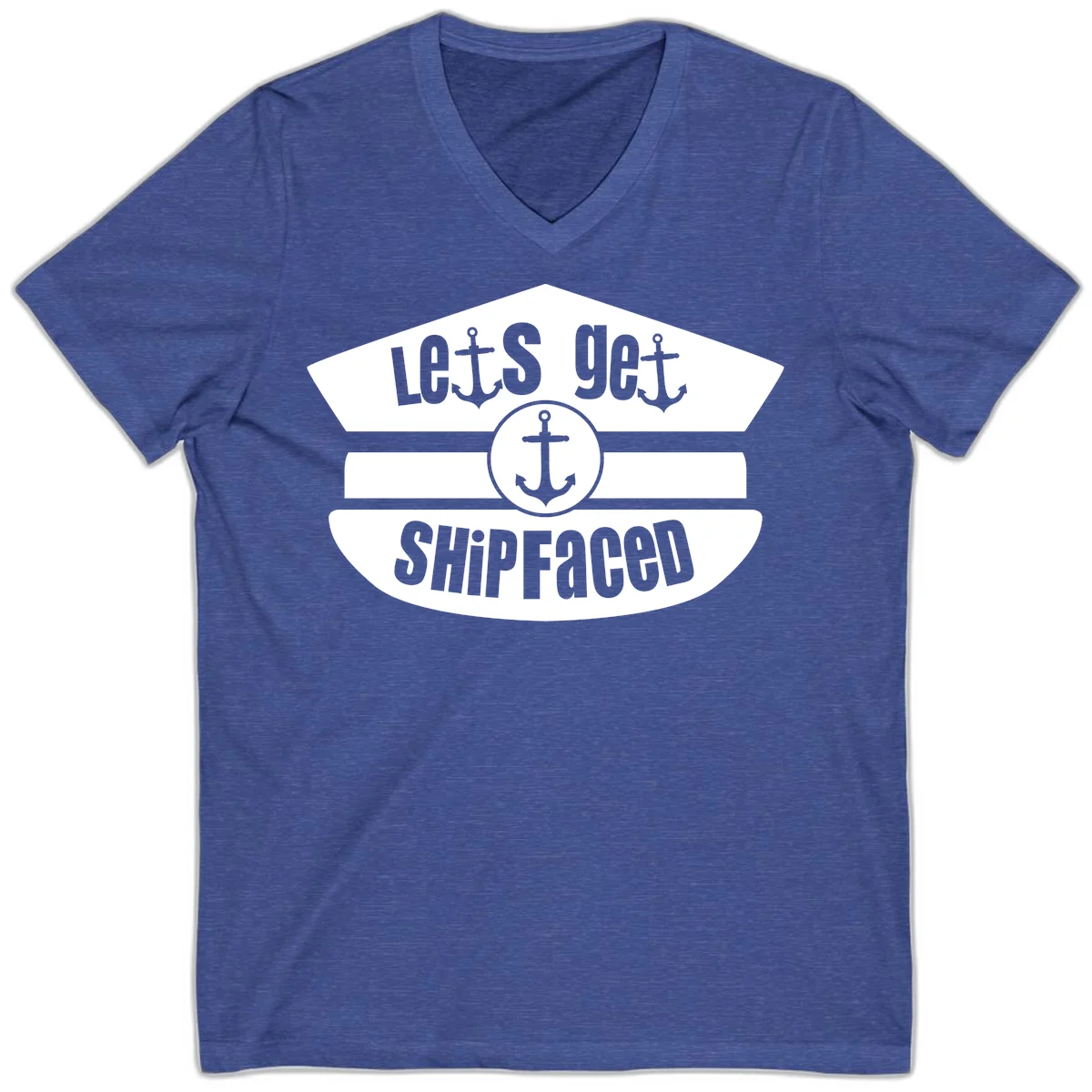 Let's Get Shipfaced Funny Nautical V-Neck Tee in Heather True Royal