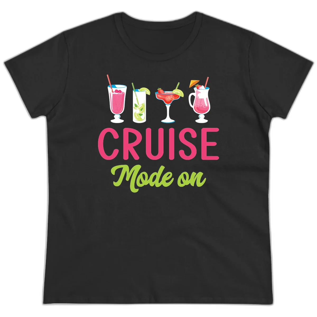 Cruise Mode On Ladies Tee - Tropical Drinks in Black