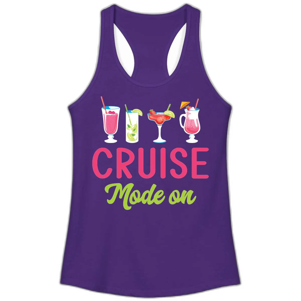 Cruise Mode On Ladies Racerback Tank Top in Solid Purple Rush