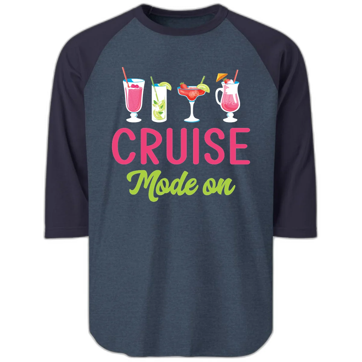 Cruise Mode On Raglan 3/4 Sleeve Baseball Tee in Heather Denim Navy