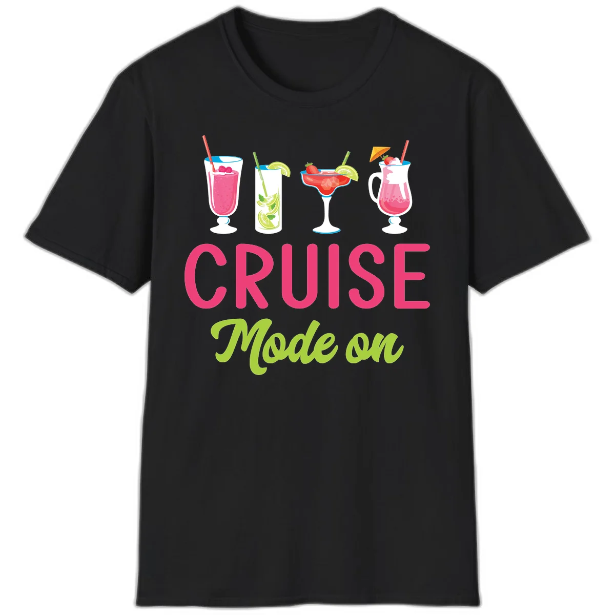 Cruise Mode On Tropical Cocktail Vacation T-Shirt in Black