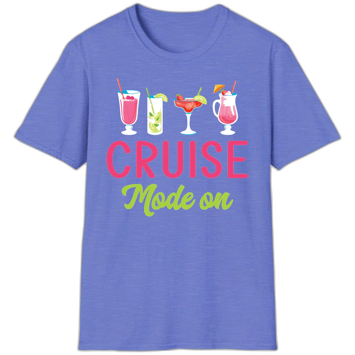 Cruise Mode On Tropical Cocktail Vacation T-Shirt in Heather Royal